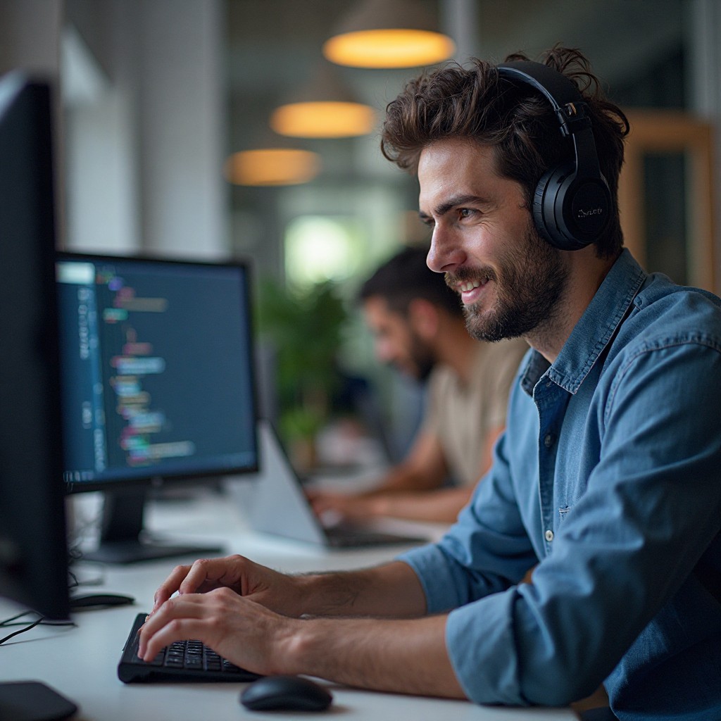 Estudiantes de desarrollo de software trabajando en proyectos de programación